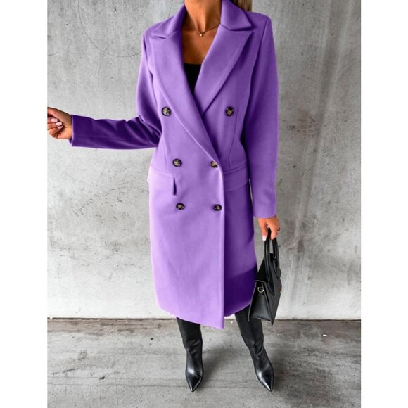Women's Purple Long Wool Double-Breasted Trench Coat for Fall & Winter - Picture 3 of 4